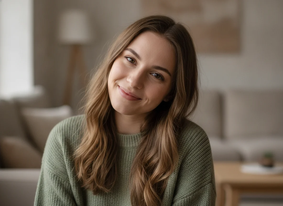 Woman with dark hair smiling indoors